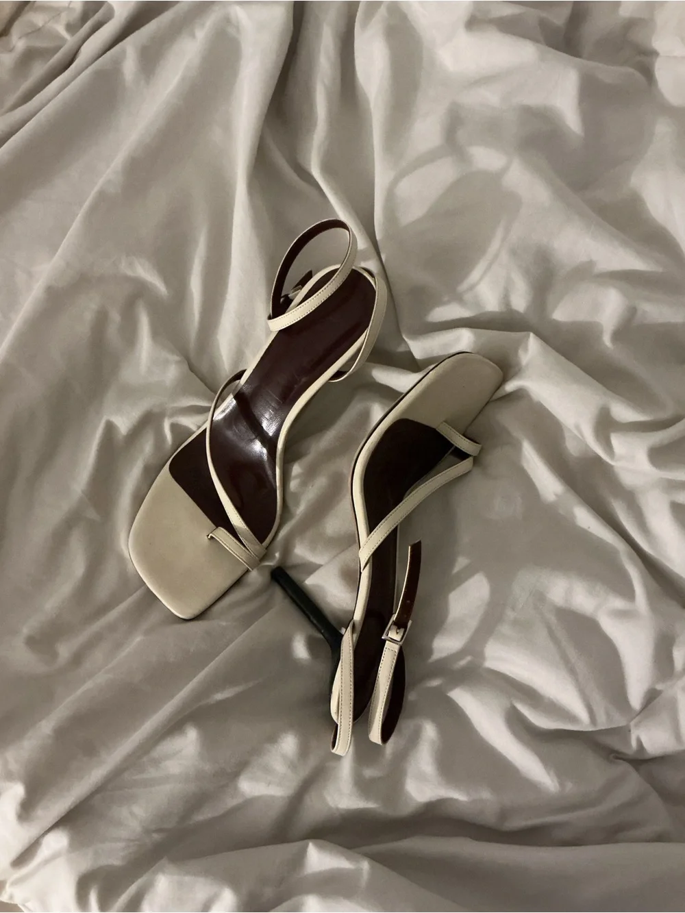 STAUD Cream Strappy Square-Toe Slingback Heels